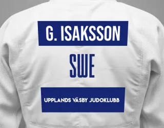 Judo GI with a backnumber showing the name Gabriel Isaksson from Upplands Väsby Judoklubb
