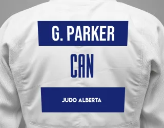 Judo GI with a backnumber showing the name Garrett Parker from Judo Alberta