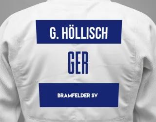 Judo GI with a backnumber showing the name Genesis Höllisch from Bramfelder SV