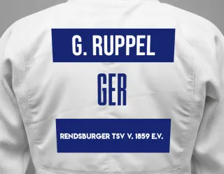 Judo GI with a backnumber showing the name Georg Ruppel from Rendsburger TSV v. 1859 e.V.