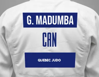 Judo GI with a backnumber showing the name George Jacob Madumba from Quebec Judo