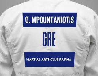 Judo GI with a backnumber showing the name George Mpountaniotis from Martial Arts Club Rafina