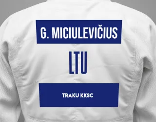 Judo GI with a backnumber showing the name Gilius Miciulevičius from Traku KKSC