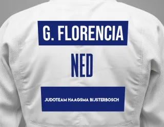 Judo GI with a backnumber showing the name Ginato Florencia from Judoteam Haagsma Bijsterbosch