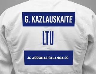 Judo GI with a backnumber showing the name Ginte Kazlauskaite from JC Ardonas-Palanga SC