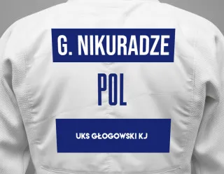 Judo GI with a backnumber showing the name Giorgi Nikuradze from UKS Głogowski KJ