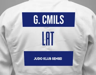 Judo GI with a backnumber showing the name Glebs Cmils from Judo Klub Sensei