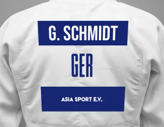 Judo GI with a backnumber showing the name Greta Schmidt from ASIA SPORT e.V.