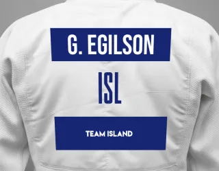 Judo GI with a backnumber showing the name Gísli Egilson from Team Island