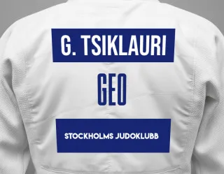 Judo GI with a backnumber showing the name Gurami Tsiklauri from Stockholms Judoklubb