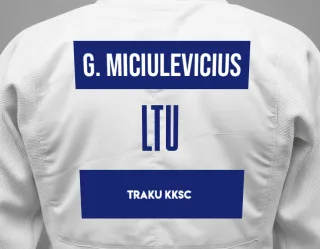 Judo GI with a backnumber showing the name Gustas Miciulevicius from Traku KKSC