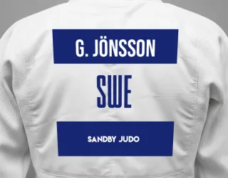 Judo GI with a backnumber showing the name Gustav Jönsson from Sandby Judo
