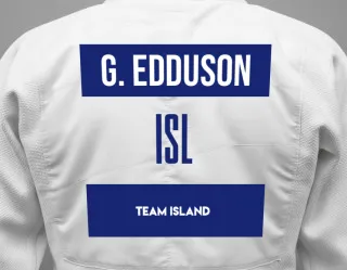 Judo GI with a backnumber showing the name Gylfi Edduson from Team Island