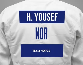 Judo GI with a backnumber showing the name Hamza Al Yousef from Team Norge
