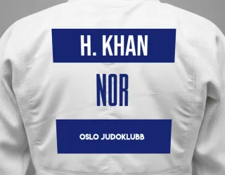 Judo GI with a backnumber showing the name Hamza Khan from Oslo Judoklubb