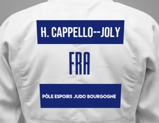 Judo GI with a backnumber showing the name Hanaé Cappello--Joly from Pôle Espoirs Judo Bourgogne