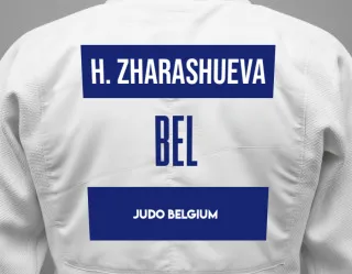 Judo GI with a backnumber showing the name Hanifa Zharashueva from Judo Belgium