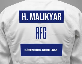 Judo GI with a backnumber showing the name Haroon Malikyar from Göteborgs Judoklubb