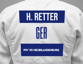 Judo GI with a backnumber showing the name Henning Retter from PSV 90 Neubrandenburg