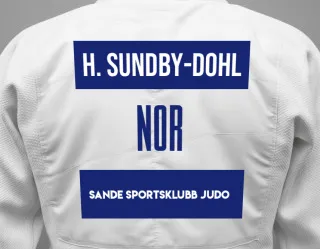 Judo GI with a backnumber showing the name Hermine Sundby-Dohl from Sande Sportsklubb Judo