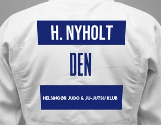 Judo GI with a backnumber showing the name Hjalte Nyholt from Helsingør Judo & Ju-Jutsu Klub