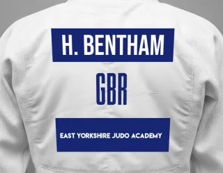 Judo GI with a backnumber showing the name Holly Bentham from East Yorkshire Judo Academy