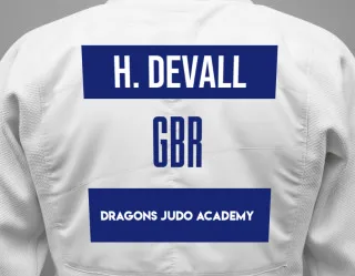 Judo GI with a backnumber showing the name Holly Devall from Dragons Judo Academy