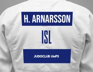 Judo GI with a backnumber showing the name Hrafn Arnarsson from Judoclub UMFS