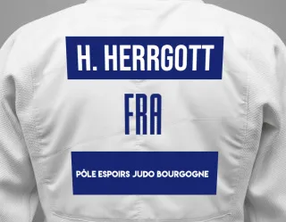 Judo GI with a backnumber showing the name Hugo Herrgott from Pôle Espoirs Judo Bourgogne