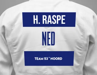 Judo GI with a backnumber showing the name Huub Raspe from Team 53 ° Noord