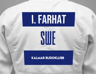Judo GI with a backnumber showing the name Ibrahim Farhat from Kalmar Budoklubb
