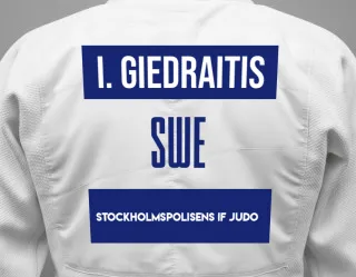 Judo GI with a backnumber showing the name Ignas Giedraitis from Stockholmspolisens IF Judo