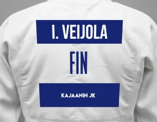 Judo GI with a backnumber showing the name Iikka Veijola from Kajaanin JK