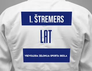 Judo GI with a backnumber showing the name Iļja štremers from Vsevoloda Zelonija sporta skola