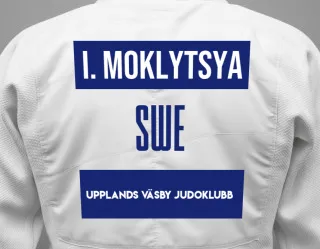 Judo GI with a backnumber showing the name Iliya Moklytsya from Upplands Väsby Judoklubb