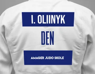 Judo GI with a backnumber showing the name Illia Oliinyk from Amager Judo Skole