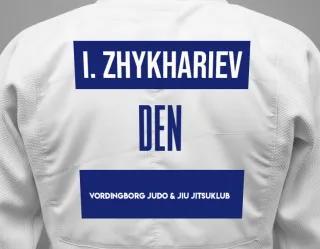 Judo GI with a backnumber showing the name Illia Zhykhariev from Vordingborg judo & jiu jitsuklub