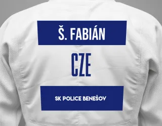 Judo GI with a backnumber showing the name šimon Fabián from SK police Benešov