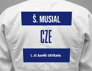 Judo GI with a backnumber showing the name šimon Musial from 1. JC Baník Ostrava