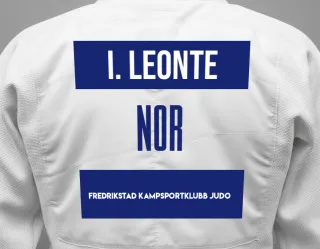 Judo GI with a backnumber showing the name Ionut Stefan Leonte from Fredrikstad kampsportklubb Judo