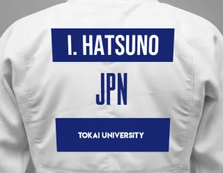 Judo GI with a backnumber showing the name Ippatsu Hatsuno from Tokai University