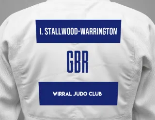 Judo GI with a backnumber showing the name Isaac Stallwood-Warrington from Wirral Judo Club