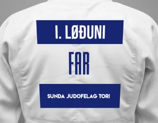 Judo GI with a backnumber showing the name Isak í Løðuni from Sunda Judofelag Tori