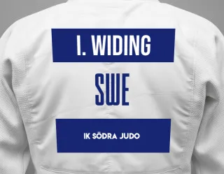 Judo GI with a backnumber showing the name Isak Widing from IK Södra Judo