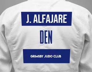 Judo GI with a backnumber showing the name Jacob Alfajare from Grimsby Judo Club