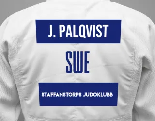 Judo GI with a backnumber showing the name Jacob Palqvist from Staffanstorps Judoklubb