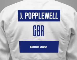 Judo GI with a backnumber showing the name Jacob Paul Derret Popplewell from British Judo