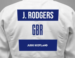Judo GI with a backnumber showing the name Jade Rodgers from Judo Scotland