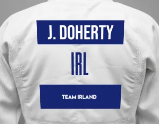 Judo GI with a backnumber showing the name Jake Doherty from Team Irland