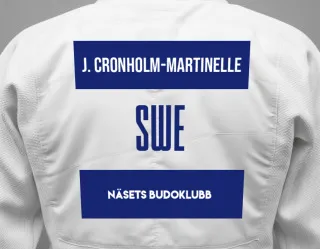 Judo GI with a backnumber showing the name Jakob Cronholm-Martinelle from Näsets Budoklubb